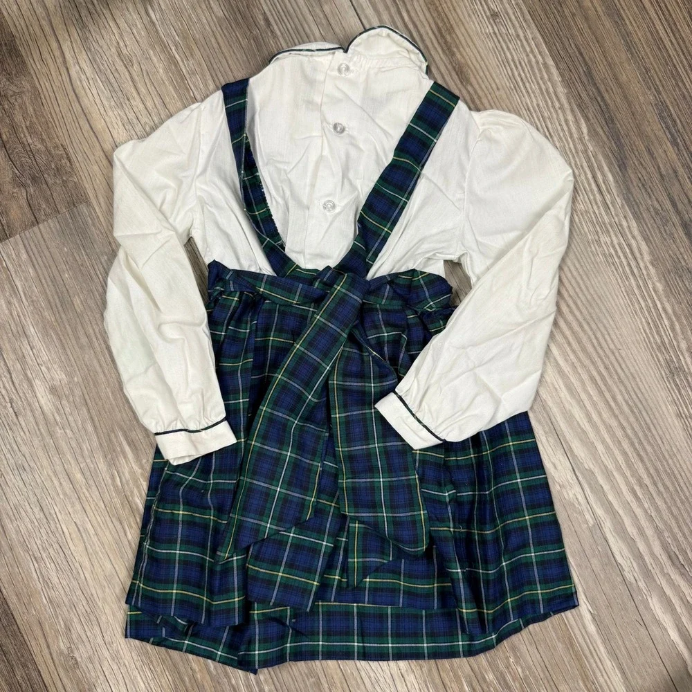 Polly Flinders Vintage Smocked Plaid Tartan Dress Navy Green White Toddler 4